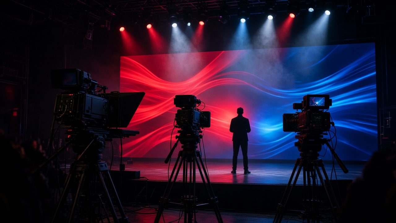 Multi-camera crew filming a keynote stage with LED screens