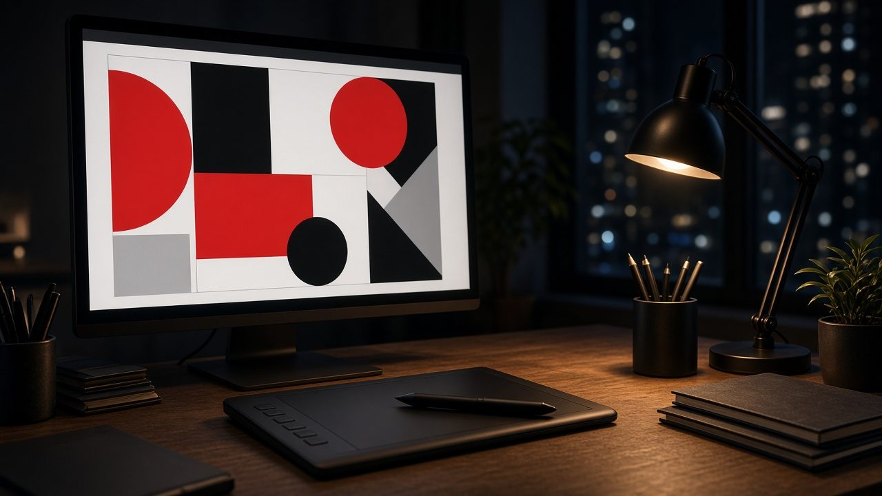 Design studio with presentation and graphics on screens